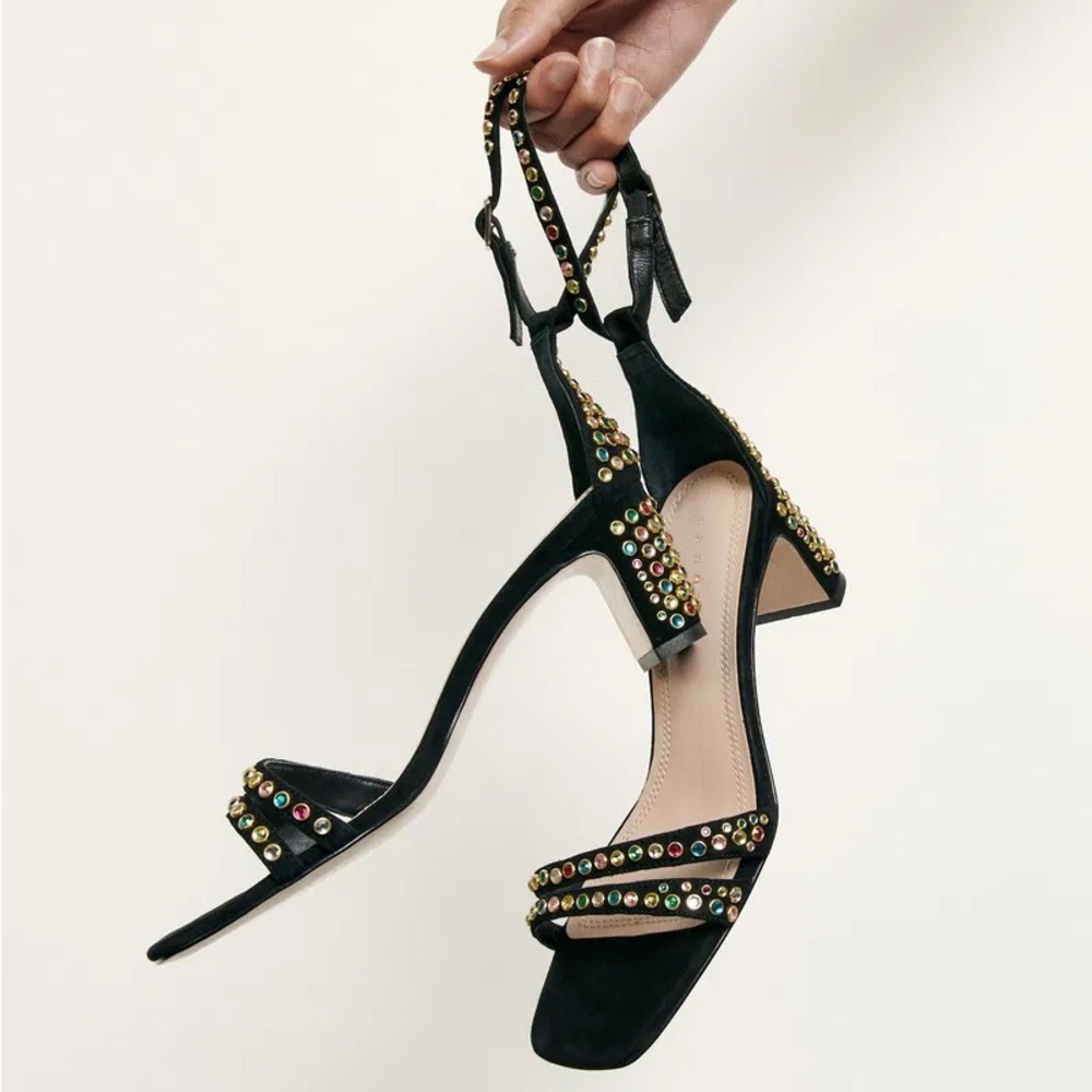 SANDRO PARIS Multicolor Rhinestone Black Leather Sandals Size 40